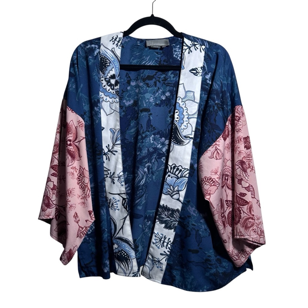 ANTHROPOLOGIE Women's Tori Floral Open Front Kimono‎ Blue Pink Cropped ANTHRO